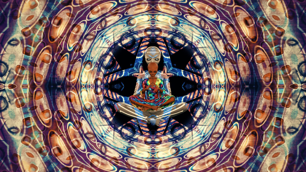3d illiustraion of Alien meditating on a colorful psychedelic background