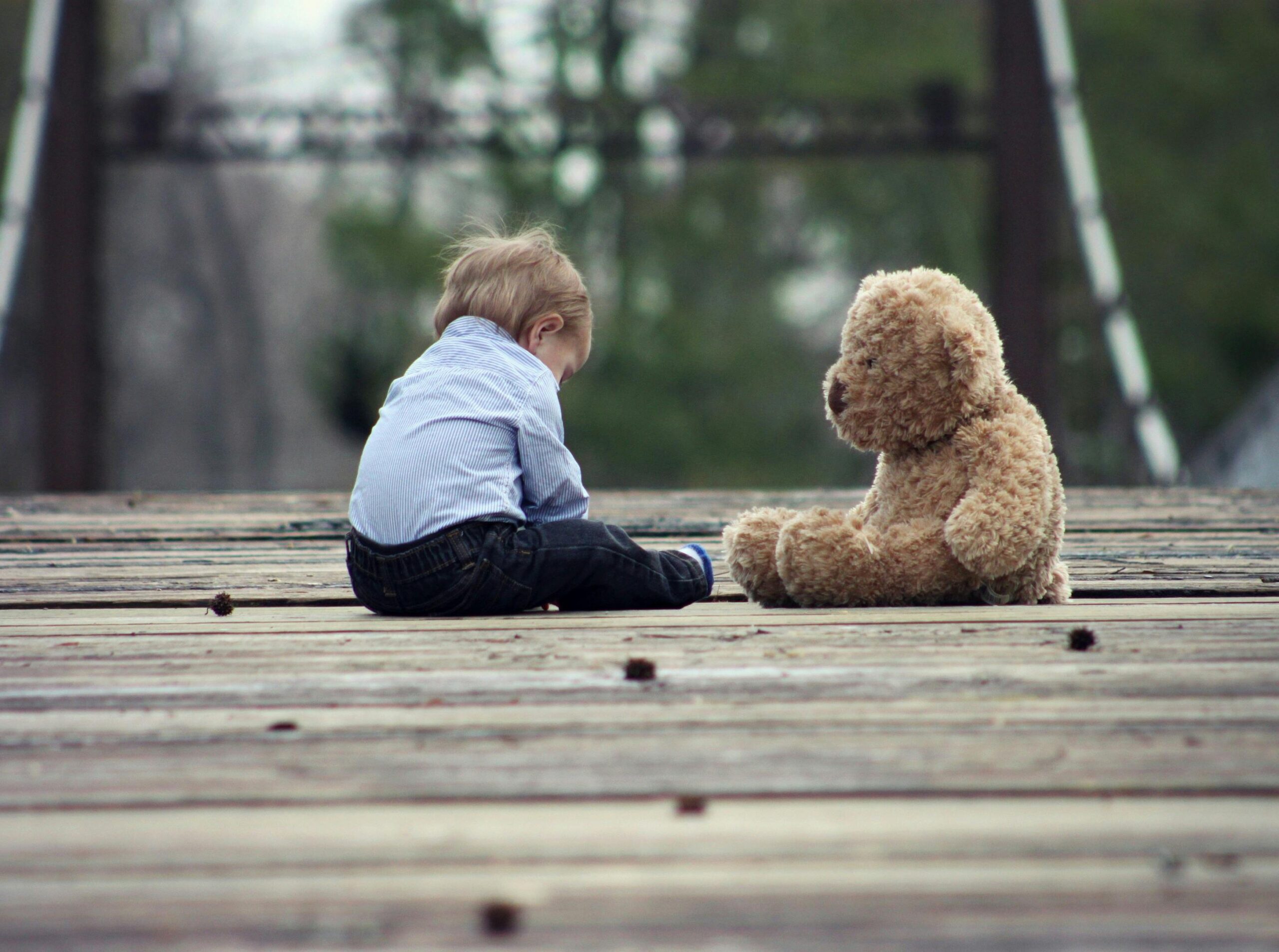 Adorable toddler sitting with a teddy bear on a wooden bridge, enjoying a peaceful moment outdoors.